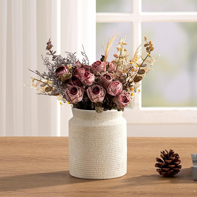 Ceramic Flower Vase 6.5 inch Farmhouse Rustic Vase for Home Decor Handcrafted Pottery Vase Small Terracotta Vases for Dining Table Decor Fireplace Living Room Bathroom Wedding Centerpiece (02-White)