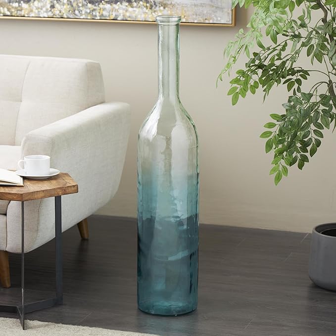 Deco 79 Recycled Glass Handmade Decorative Vase Tall Ombre Floor Centerpiece Vase, Flower Vase for Home Decoration 9" x 9" x 40", Teal