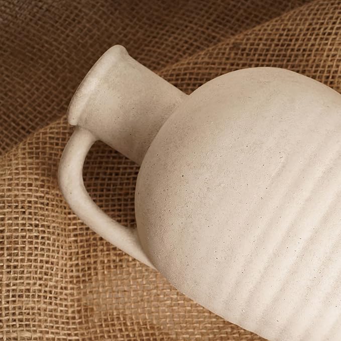 White Ceramic vase with Handle, 10inch Boho Unique Textured Pottery, Rustic Farmhouse Decorative Terracotta vases for Flowers, Centerpieces, Living Room.