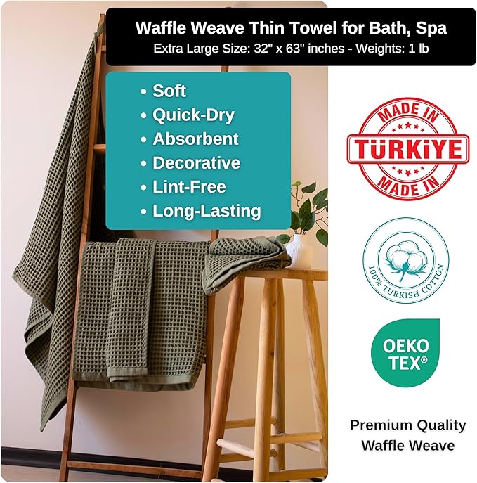 PÜSKÜL Premium Waffle Bath Towels Set of 2 - Organic 100% Turkish Cotton Bath Towel - Quick Dry, Absorbent, Light, Thin, 32x63 Large Waffle Towels for Bathroom (Khaki Green Bath Towels - Pack of 2)