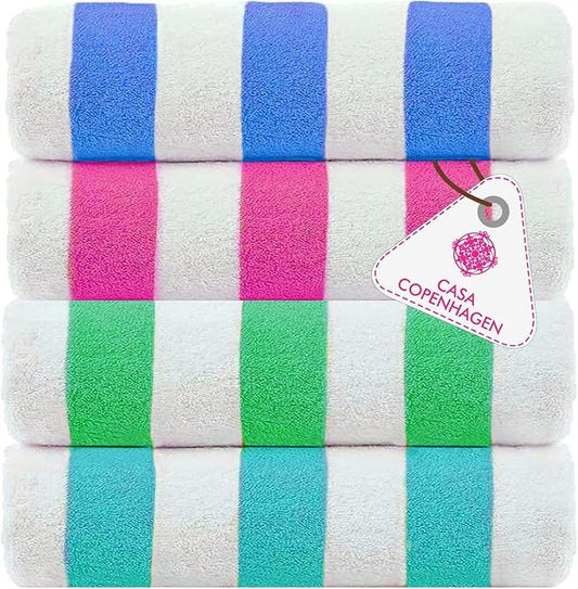 CASA COPENHAGEN Cabana Beach Towels Designed in Denmark Rough and Tough, Quick Dry, for Pool, Bath & Shower 30x60 inches 4 Pieces Cotton Beach Bath Towels Set - Turquoise,Royal Blue,Pink,Green