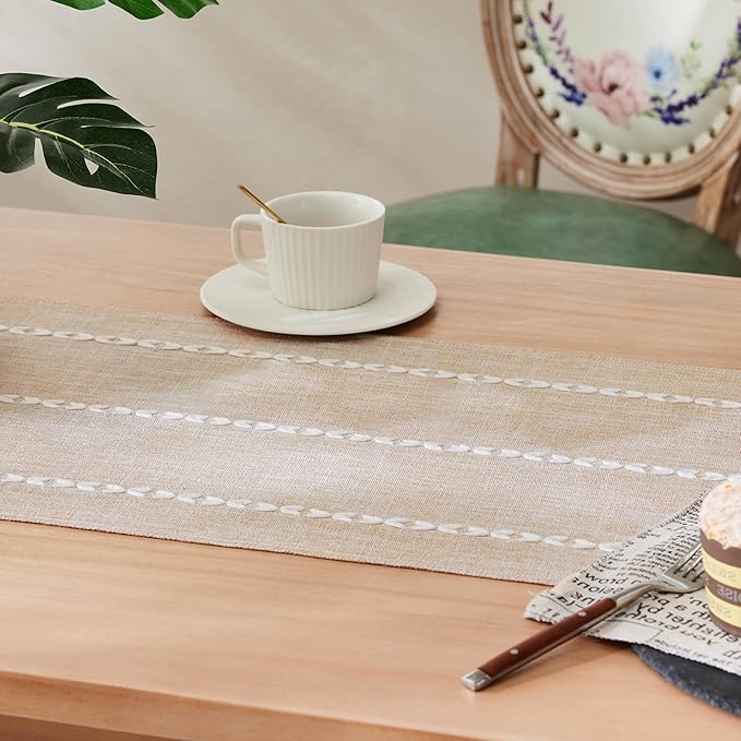 Braided Farmhouse Table Runner,Braided Taupe 13x48 Inch, Cotton Linen Table Runners 48 Inches Long, Embroidered Striped Taupe Boho Table Runner Rustic Home Decor