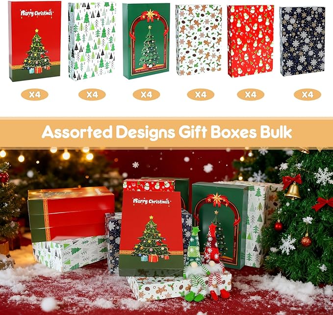 joyhalo 24 Pack 14.5" Christmas Gift Boxes with Lids for Presents, 6 Designs Gift Boxes Bulk,White Gift Wrapping Boxes for Clothes,Shirts,Robes,Sweaters and Socks