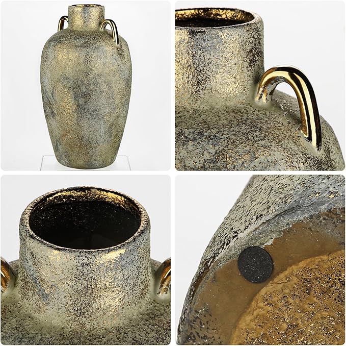 Large Ceramic Vase, 13.7" Tall Rustic Farmhouse Vase, Vintage Flower Vase with 2 Ears, Electroplated Terracotta Rustic Vases for Home, Living Room, Shelf, Mantel, Entryway, Wedding, Table Centerpiece