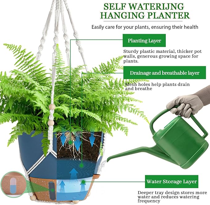 Hanging Planter Self Watering 10 Inch, 2 Pack Hanging Baskets for Plants, Hanging Flower Pots with Drainage Hole & 2 Kinds of Plant Hangers for Garden Home Decor (Navy Blue, 10 Inch)