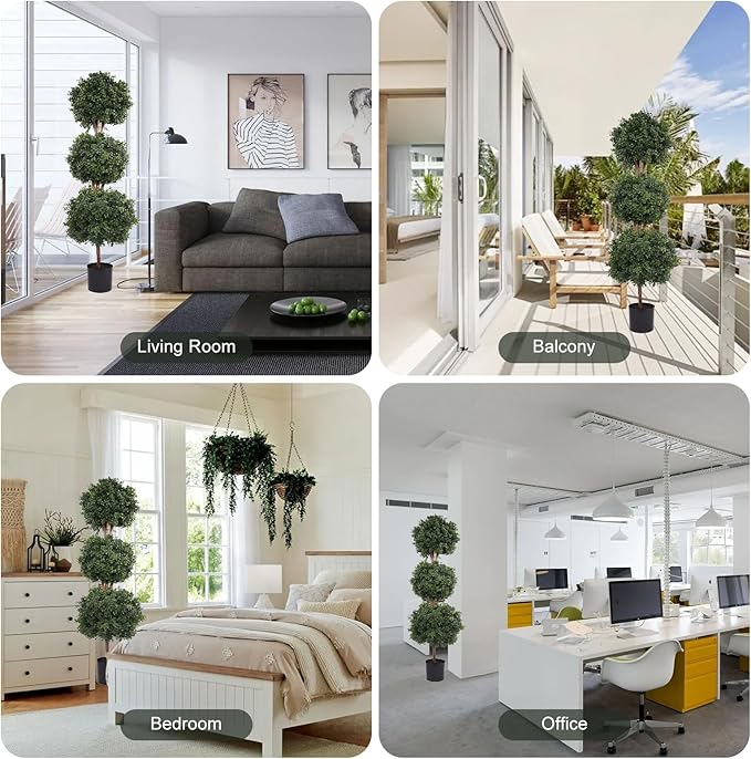 Artificial Topiaries Ball Tree Outdoor, 4.8ft Fake Topiary Triple Ball Boxwood Trees(2 Pieces), Faux Shrubs Plants Potted Artificial Tree Green Decorative Indoor Porch or Garden 57inch