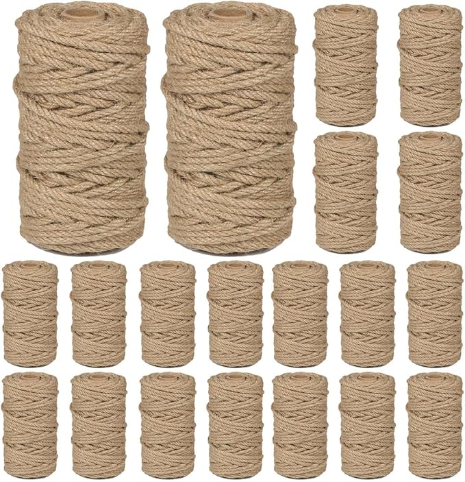 20Pcs 4mm Natural Jute Twine Rope 2400 Feet Twisted Heavy Duty Thick Twine for Cat Scratching Post Tree Craft Projects Garden Home Decoration Packing Bundling (Brown-120Feet/Roll)