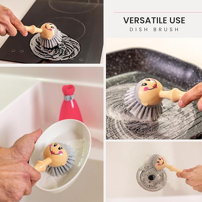 Vigar Dolls Dish Brush with Ergonomic Handle and Dress-Shaped Brush Holder, Dish Brush with Handle for Kitchen Dishes and Sink Cleaning, Pink, Gray