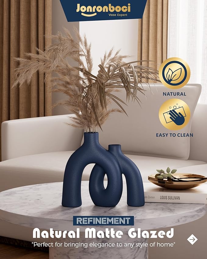 Hug Donut Decorative Vase Set - Navy Blue Vase, Modern Coastal Style Vases Home Decor, Matte Ceramic Decorations for Living Room Shelf, Bookshelf Mantle Entryway Table or Console Décor (Navy Blue)