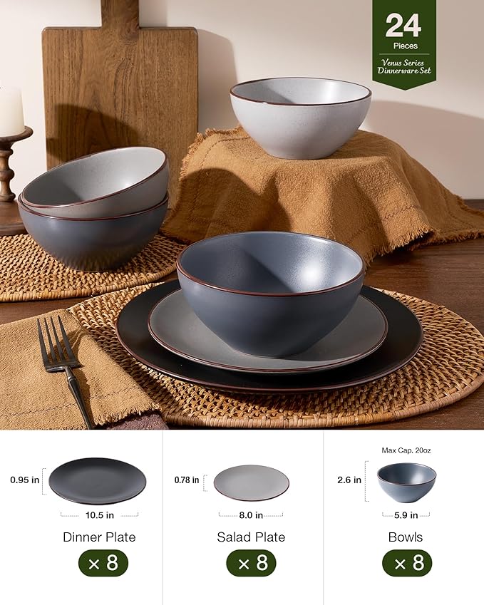 Famiware Venus Ceramic Plates and Bowls Sets, Speckled Dinnerware Dish Sets for 8 (24 Pieces) - Microwave and Dishwasher Safe, Matte Multi-color