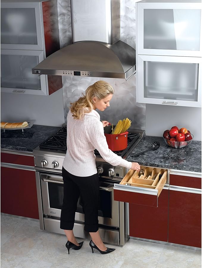 Rev-A-Shelf Trim-to-Fit Silverware Drawer Organizer For Kitchen Utensils, Cutlery Cabinet Storage Divider Insert, 18.5" x 22", Maple Wood, 4WUT-1