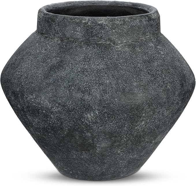 Briful Large Rustic Ceramic Vase with Distressed Finish, 8.2'' Tall Wide-Belly Decorative Flower Vases with Felt Pads, Retro Style Pottery for Home Decor, Table Centerpiece, Black