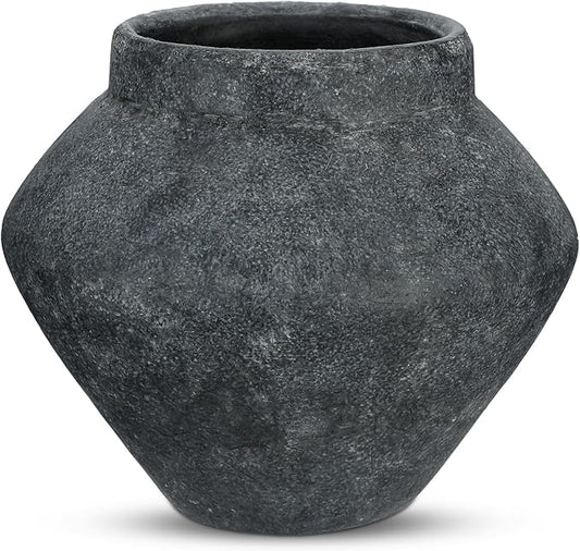 Briful Large Rustic Ceramic Vase with Distressed Finish, 8.2'' Tall Wide-Belly Decorative Flower Vases with Felt Pads, Retro Style Pottery for Home Decor, Table Centerpiece, Black