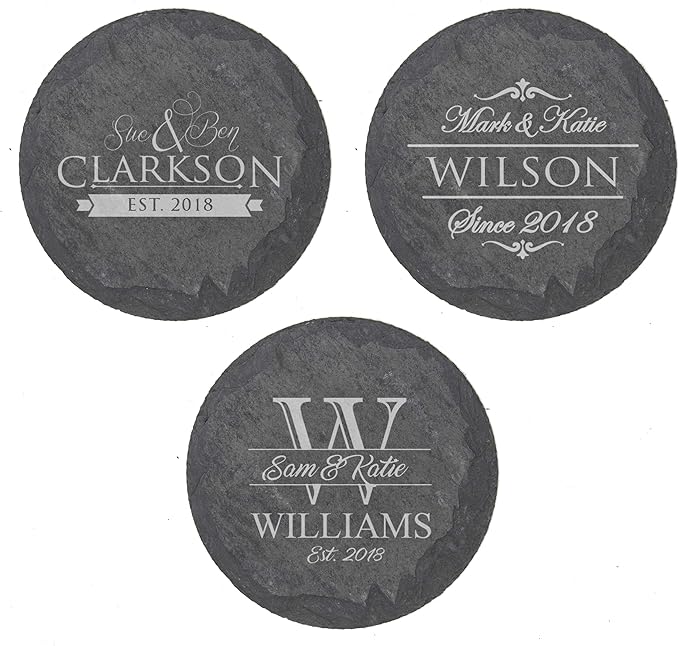 My Personal Memories Custom Engraved Slate Coasters Set of 4 - Monogrammed Coasters for Drinks, Weddings, Couples, Anniversaries - Personalized (Round)