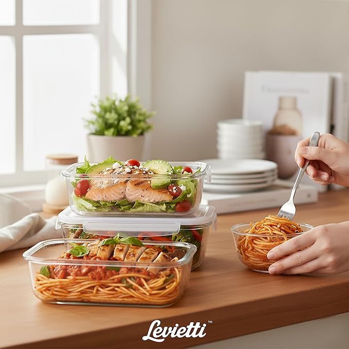 Levietti Glass Food Storage Containers Set of 2 (1040ml/35oz) – Airtight BPA-Free Plastic Lids, Leakproof Borosilicate Meal Prep Containers for Kitchen Organization, Microwave/Oven Safe