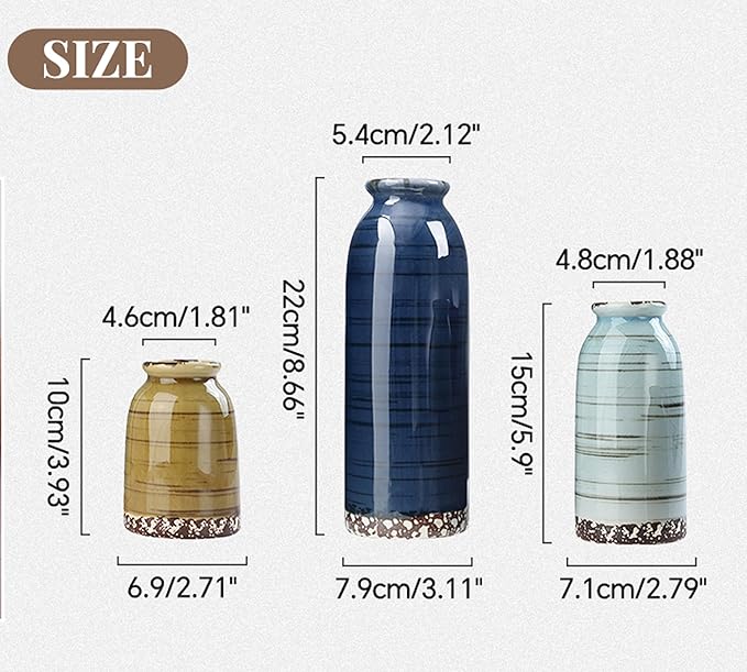 Ceramic Vase Set of 3, Farmhouse Decorative Vase for Pampas Grass, Living Room, Bathroom,Bookshelf, Centerpieces (Blue/Navy Blue/Yellow)