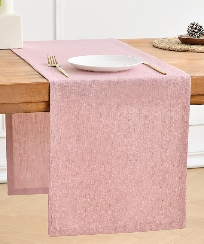 Wracra Linen Style Table Runner, Rustic Farmhouse Pink Table Runners 72 Inches Long, Handcrafted Table Runner for Fall, Winter - Everyday Use and Machine Washable