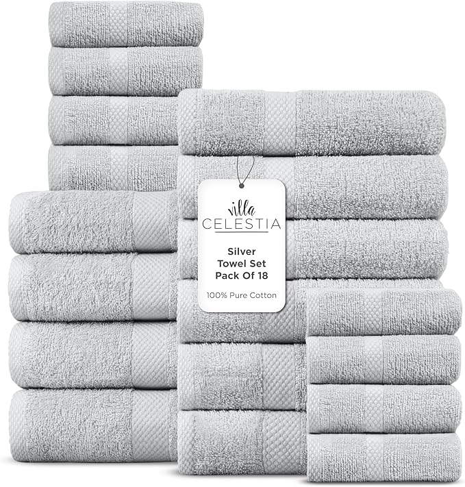100% Cotton Bath Towel Set of 18-4 Bath Towels, 6 Hand Towels, 8 Wash Cloths, Sustainable, Soft, Highly Absorbent, Combed Cotton 18 Piece Set for Hotels, Spa, Bathroom, Dorm, Silver