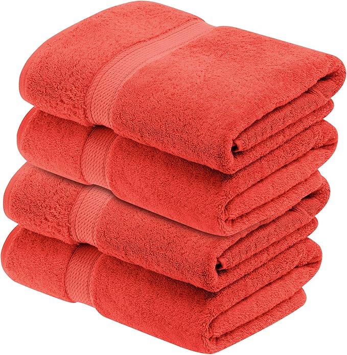 BNM Egyptian Cotton Heavyweight Towels, Ideal For Bathroom, Shower, Spa, 800 GSM Bath Towels, Highly-Absorbent, Luxury Bathroom Essentials, Ultra-Soft Plush Home Basics, Bath Towel Set of 4, Coral