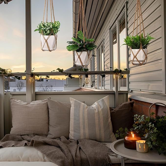 YIBOT 3 Pack Macrame Plant Hanger Indoor Hanging Planter Basket with 3 Hooks, 35"/29"/23" Crochet Plant Holder Stand No Tassels for Indoor Outdoor Boho Home Decor, Brown (POTS NOT Included)