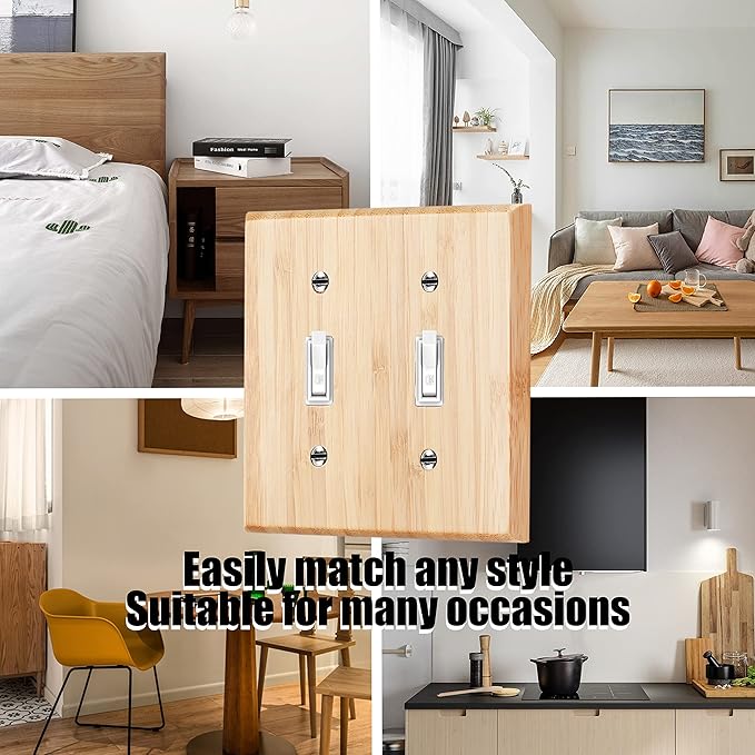 Raw Wood Light Switch Cover Decorative Duplex Toggle 4.5" x 4.5" Bamboo Wall Plate Quality Light Switch Plate Cover for Bedroom Kitchen Home Decor (Double Toggle)