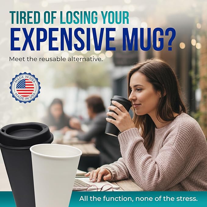 Rolling Sands USA Made 16 oz Reusable Coffee Cups with Lids 6 Pk, To Go Travel Cups, Hot or Cold Drinks, Dishwasher and Microwave Safe, Black and White Mix