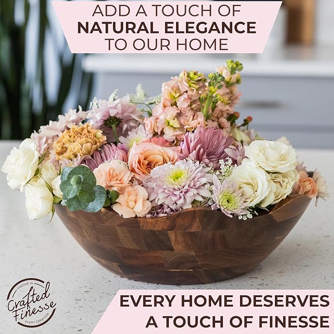 Wood Salad Bowl with Serving Utensils - Large Scalloped Decorative 12" Acacia Wooden Mixing Bowls Set with Spoons - Handcrafted Farmhouse Kitchen Serveware for Fruit, Pasta, Snacks and Home Decor