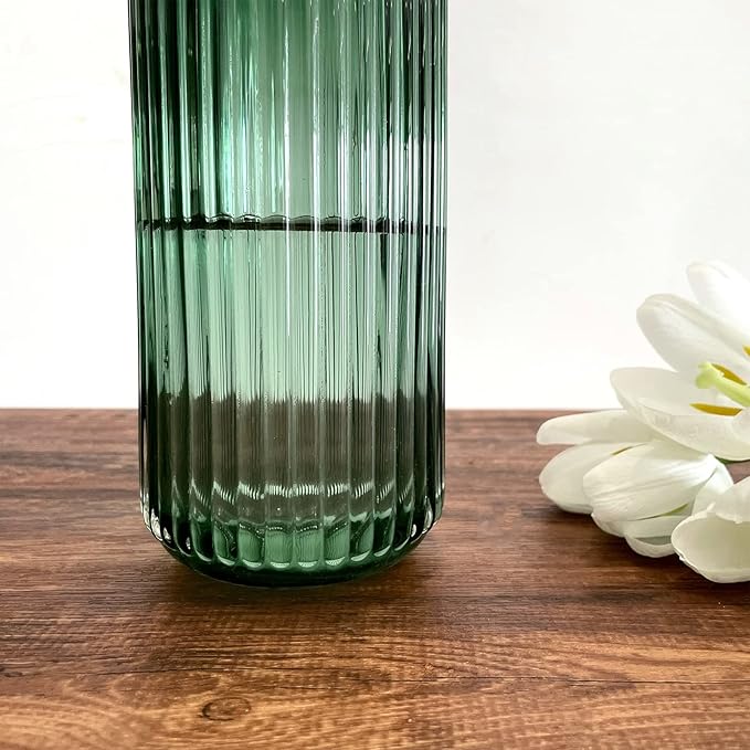 BUICCE Hand Blown Wide Mouth Ribbed Glass Flower Vase for Farmhouse Decor,Round Vintage Foding Bottles for Kitchen Dining Table Cafe Home Shelf Wedding Centerpiece.