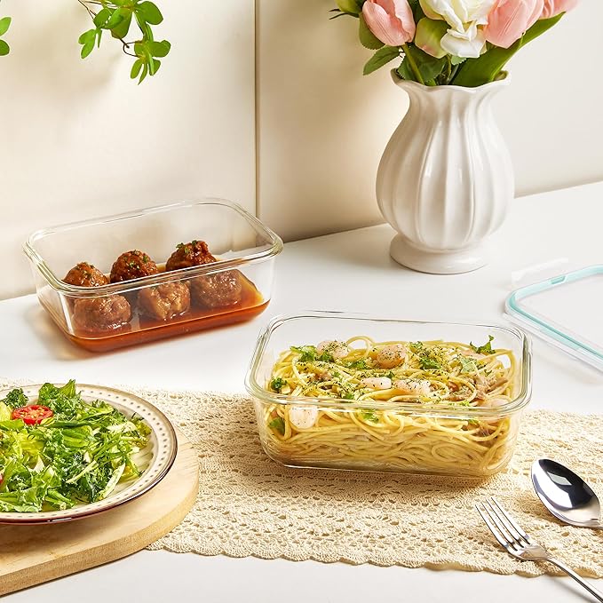 Vtopmart 2Pack 1860ml/63oz Large Glass Containers Food Storage with Lids, Meal Prep Food Container Set with Snap Airtight Lid for Baking, Microwave, Oven, Leak Proof, for Freezer, Dishwasher, Green