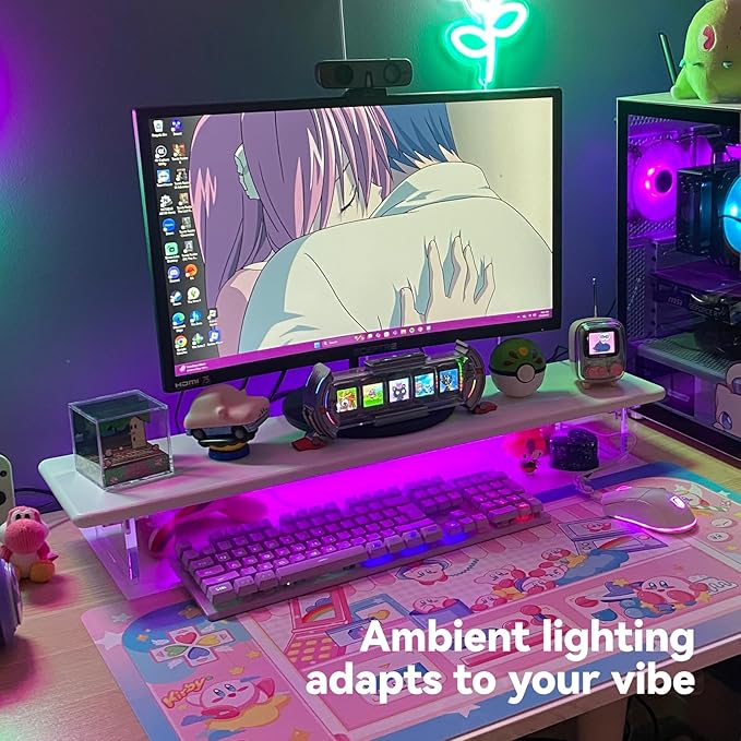 Bamboo Monitor Stand Riser with RGB Lights,31.5 Inches Desktop Shelf with Acrylic Legs Supports for Desk, PC Computer Monitor, Laptops, Printer, Speakers (White)