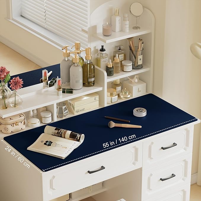 Aothia Leather Desk Pad Protector, Office Desk Mat, Large Mouse Pad, Laptop Desk Pad, Non-Slip PU Leather Desk Blotter, Waterproof Desk Writing Pad for Office and Home (Dark Blue, 55" x 24")