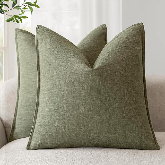 Foindtower Pack of 2, Decorative Linen Soild Throw Pillow Covers Soft Accent Cushion Case Farmhouse Neutral Pillowcase for Chair Couch Sofa Bedroom Living Room Home Decor 16x16 Inch Olive Branch Green