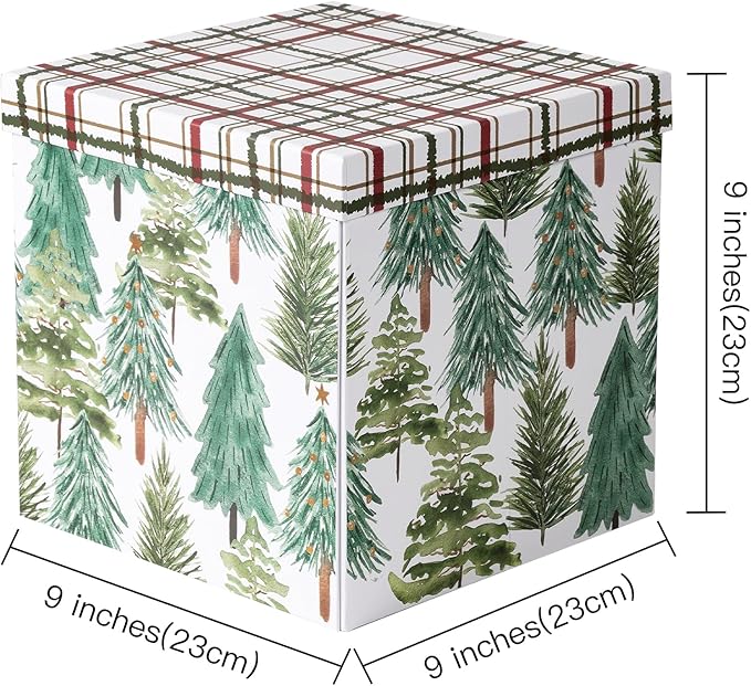RUSPEPA Christmas Gift Box with Lid, Watercolor Christmas Tree Design and Plaid Lid, Medium Collapsible Holiday Box with Ribbon and Tissue Paper for Gift Wrapping, Candy Storage, 9x9x9 Inches, 1 Pcs