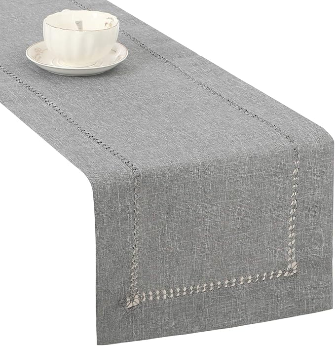 Tosewever Decorative Hemstitch Linen Table Runner Farmhouse Style Tabletop Collection Handcrafted Table Runners for Everyday Dining Wedding Party Holiday Home Decor (14 x 72 Inches, Grey)