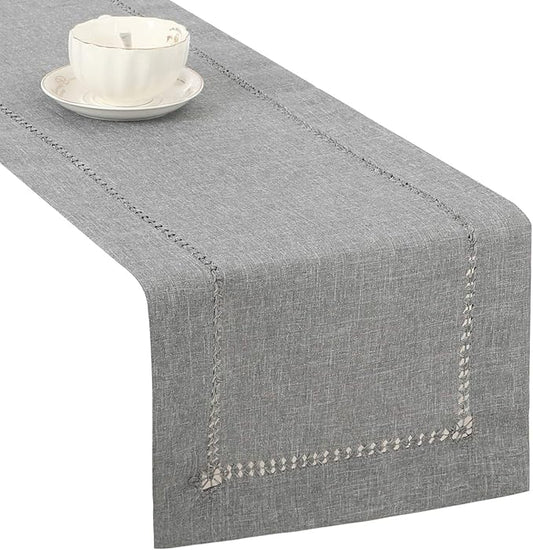 Tosewever Decorative Hemstitch Linen Table Runner Farmhouse Style Tabletop Collection Handcrafted Table Runners for Everyday Dining Wedding Party Holiday Home Decor (14 x 72 Inches, Grey)