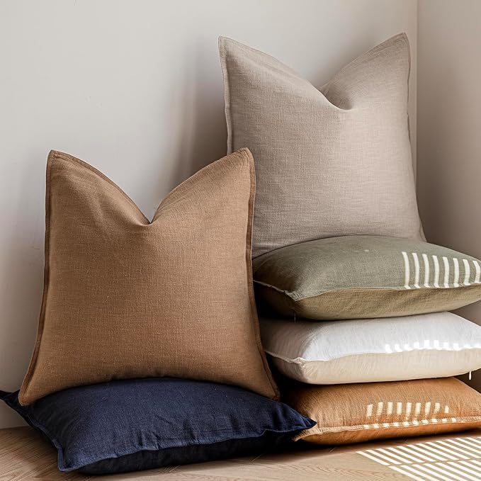 Foindtower Pack of 2, Decorative Linen Soild Throw Pillow Covers Soft Accent Cushion Case Boho Farmhouse Pillowcase for Chair Couch Sofa Bedroom Living Room Home Decor 18 x 18 Inch Light Khaki Brown