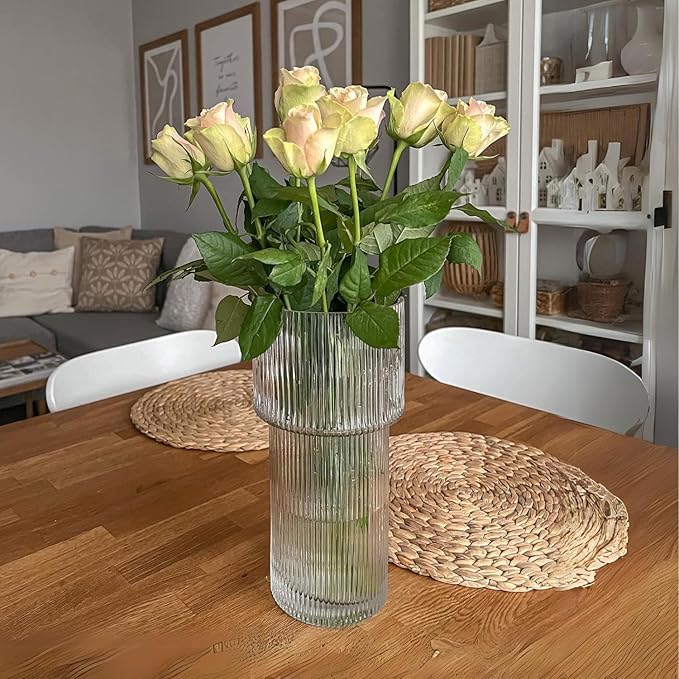 Large Glass Vase, 12 Inches Tall Vase for Flowers, Flower Vases for Bouquet, Modern Ribbed Glass Vases for Living Room, Dining Table, Office, Entryway, Mantle, Shelf, Wedding Gifts