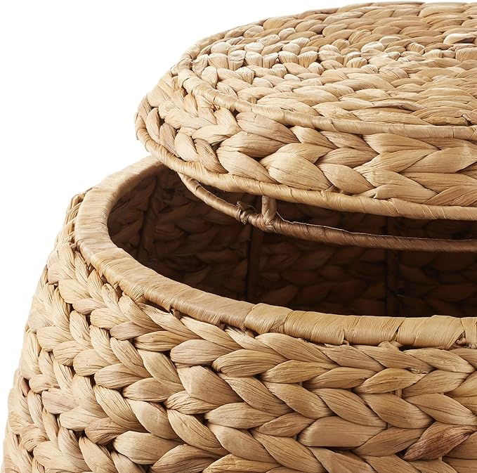 Casafield Round Storage Basket with Lid - Natural, Handwoven Water Hyacinth Organizer for Laundry, Blankets, Plants, Bedroom, Living Room, Home Office