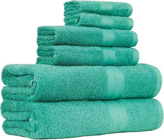 Amazon Basics 6 Piece Oversized Fade resistant Towel set, 100% Cotton towels for bathroom, soft and absorbent, 2 Bath Towels, 2 Hand Towels and 2 Washcloths bathroom towel set, Teal