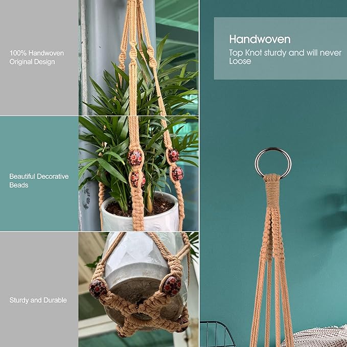 RIFNY Macrame Plant Hanger for 5 to 10 Inch Plant Pots, 35 Inch Woven Rope Hanger Kits with Hooks and Wood Beads, Hanging Planter Basket for Indoor Boho Home Decor (Brown, 3 Pack)