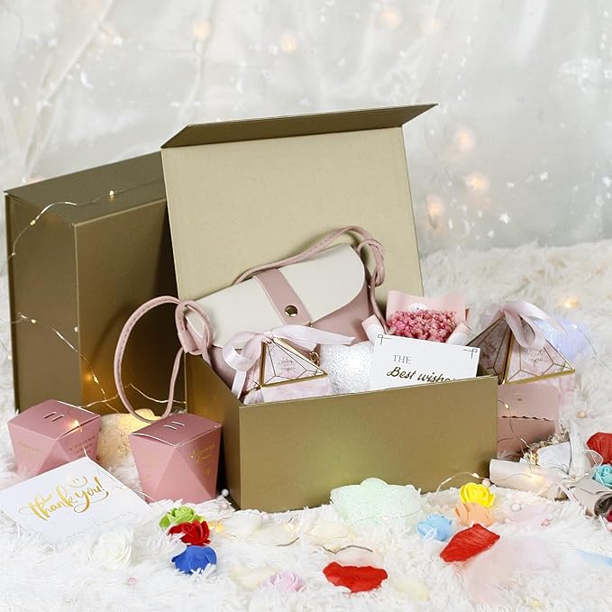 MOYEUPAC Glod Gift Box,9" X 7" X 4" with Lids for Presents Magnetic Closure Gift Packaging for Christmas,Thanksgiving, Birthday,Glod with Ribbon