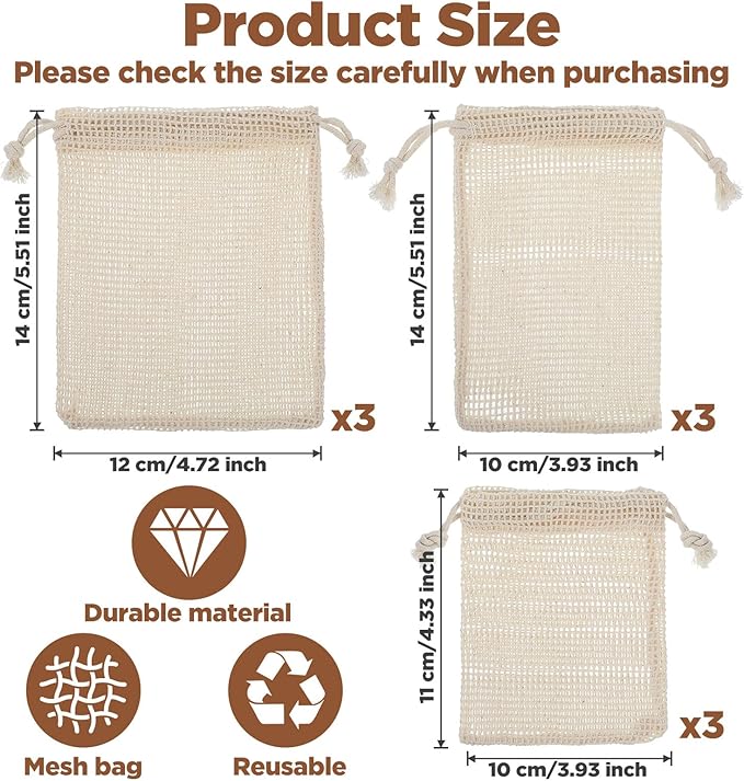 9 PCS Reusable Vegetable Produce Bags Cotton Mesh Vegetable Bags for Refrigerator Potato Storage Bag Reusable Double Stitched with Drawstring Produce Bag for Vegetables Fruit Grocery Shopping(3 S/M/L)