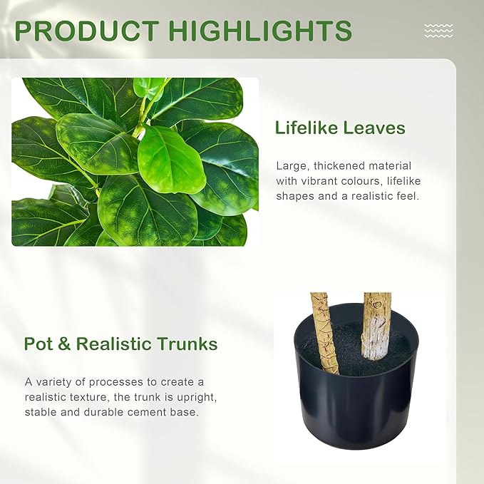 VECELO Artificial Fiddle Leaf Fig Tree 4FT(51in), Tall Fake Floor Plants with Realistic Leaves and Branches in Plastic Pot for Indoor Outdoor Living Room Home Decor
