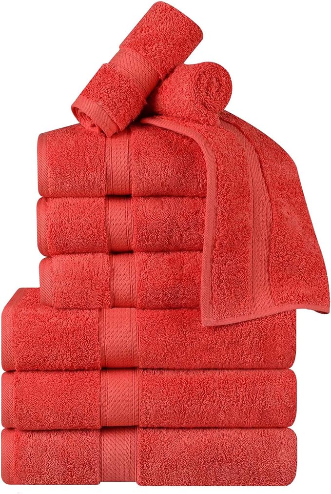 BNM Egyptian Cotton Heavyweight Towels, Ideal For Bathroom, Shower, Spa, Hotel, 800 GSM, Face/ Washcloths, Hand Towels, Bath Towels, Highly-Absorbent, Luxury Home Basics, 9 Piece Towel Set, Coral