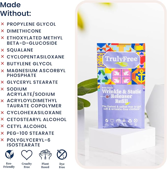 Truly Free Wrinkle & Static Releaser - Wrinkle Release for Clothes, Linen, & Sheet Fabrics - Static Guard Spray - Plant-Based - 1 Pouch 3oz Refill with 12oz Reusable Empty Spray Bottle