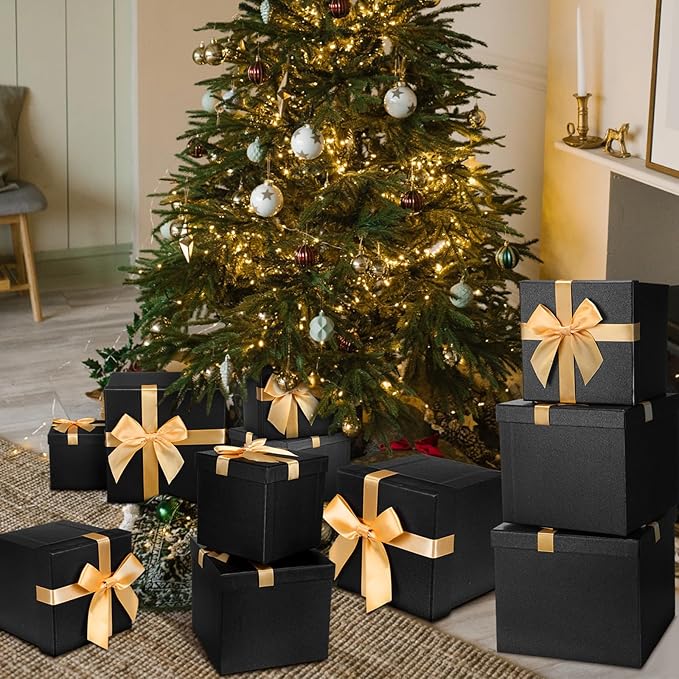 Tenceur 10 Pcs Gift Boxes with Lids Heavy Duty Nested Assorted Sizes Cardboard Gift Boxes for Presents with Ribbon for Xmas Holiday Present(Black, Gold,10 Size)