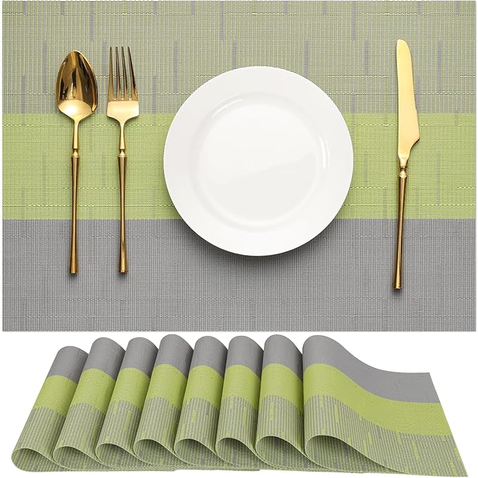 Placemats Set of 8, Vinyl Woven Place Mats Indoor Set of 8 Washable Wipeable PVC Table Mats Heat-Resistant Non Slip Placemat for Kitchen Dining Outdoor Table (Gray Grass Green, Set of 8)