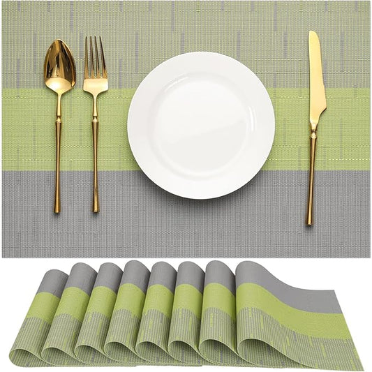 Placemats Set of 8, Vinyl Woven Place Mats Indoor Set of 8 Washable Wipeable PVC Table Mats Heat-Resistant Non Slip Placemat for Kitchen Dining Outdoor Table (Gray Grass Green, Set of 8)