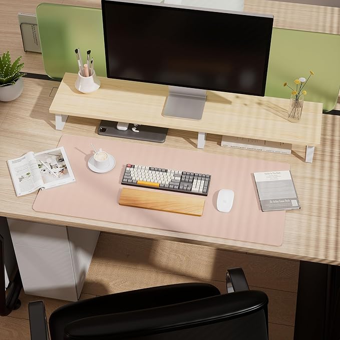 Aothia Double-Sided Desk Pad – 25.6"x13.7" Large Mouse Pad, Leather Desk Mat with Eco Cork Protector, Waterproof Desk Blotter for Office/Home (Pink)