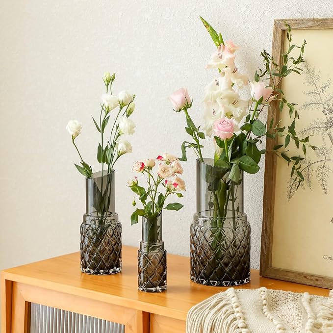 G Hand Blown Grey Glass Vases Set 3 Peiece for Large Medium Small for Modern Home Decor, Decorative Vase, Bedroom, Office, Living Room, Bathroom,Shelf Decor, Centerpiece Table Decorations